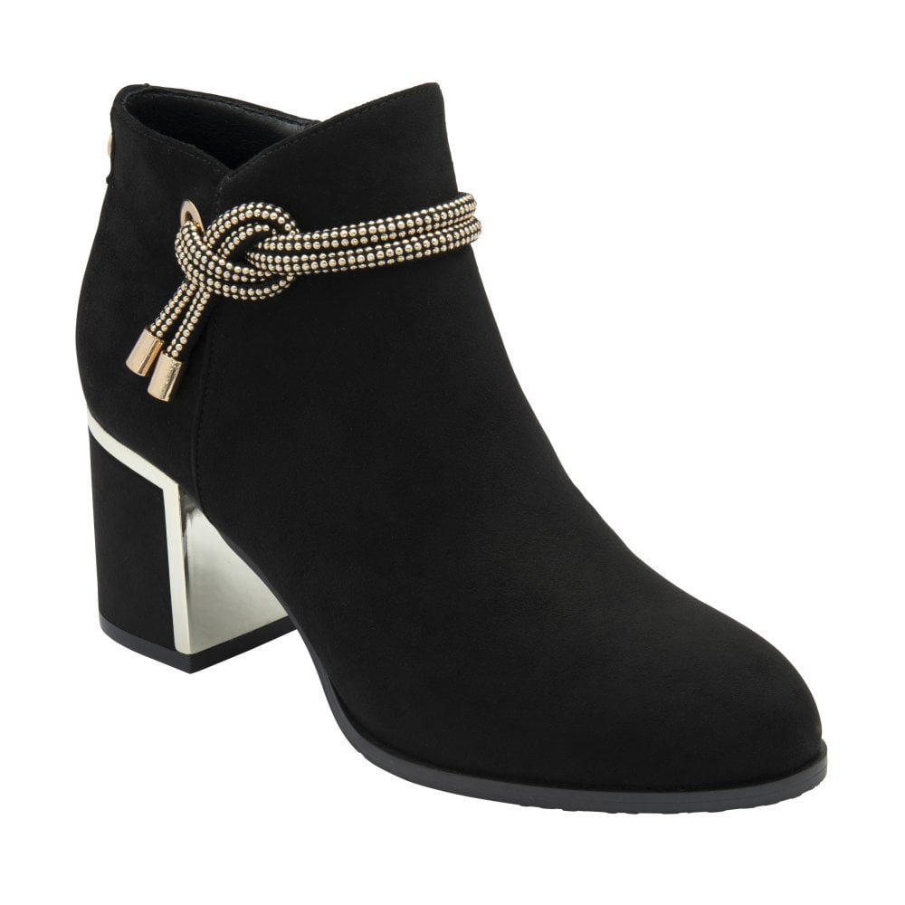 Lotus Tina ULB457BB black textile ankle boots with side zip and decorative braided cord detail, block heel, stylish and comfortable.