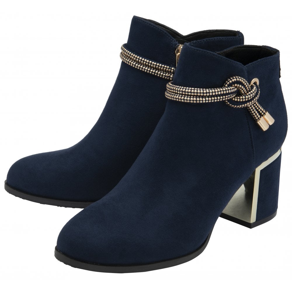 Lotus Tina Navy Textured Side Zip Ankle Boots with decorative rope detail and block heel.