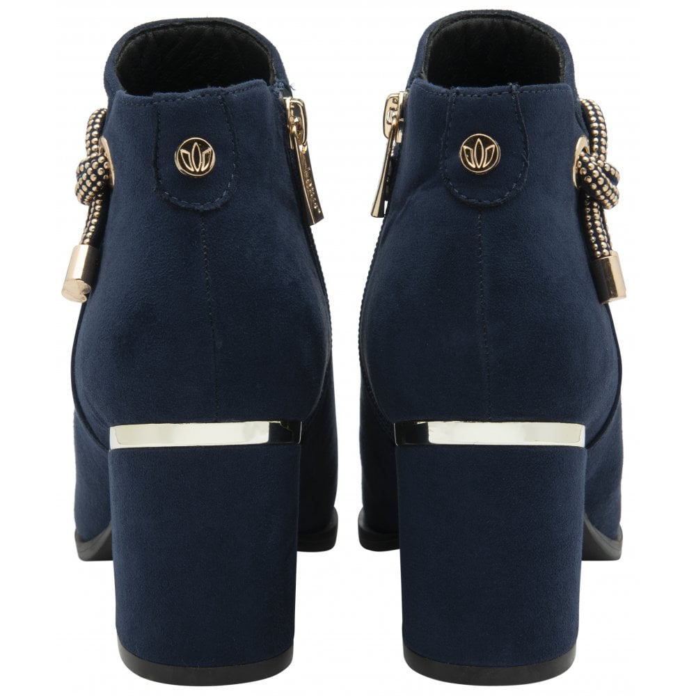 Lotus ULB457DE Tina Ladies Navy Textile Side Zip Ankle Boots with chunky heel and metallic accents.