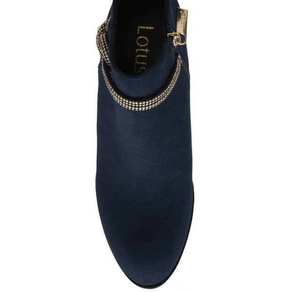 Lotus Tina Ladies Navy Textile Ankle Boots with Side Zip and Decorative Silver Beads.
