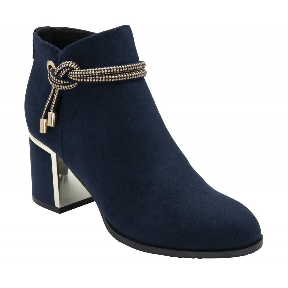 Lotus ULB457DE Tina women's navy textile ankle boots with side zipper and decorative knotted strap, block heel, stylish and comfortable.