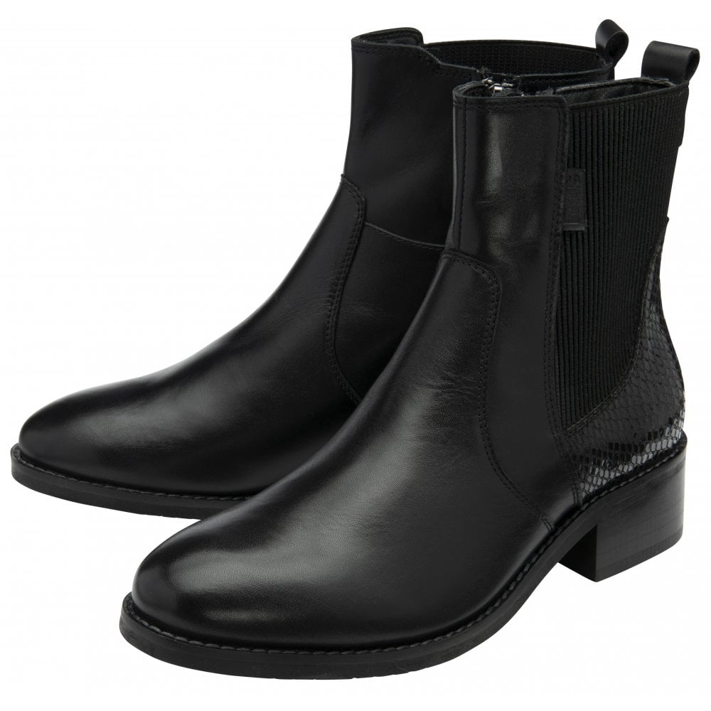 Lotus ULB479BZ Lindley women's black leather and textile ankle boots with side zipper and textured heel detail.