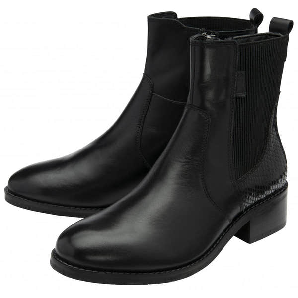Lotus ULB479BZ Lindley women's black leather and textile ankle boots with side zipper and textured heel detail.