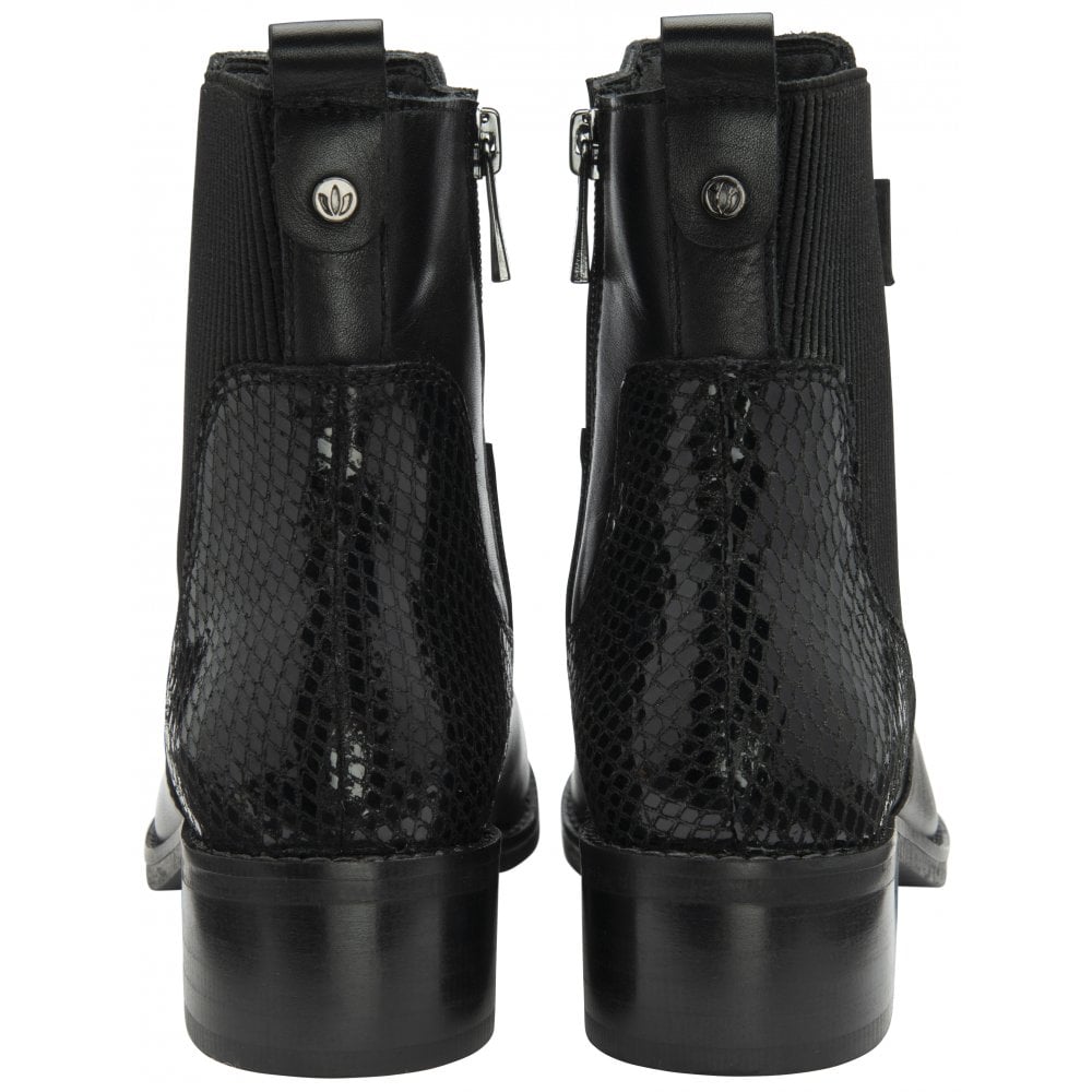 Lotus ULB479BZ Lindley women's black ankle boots with lizard leather and textile side zips, stylish and edgy footwear.