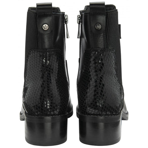 Lotus ULB479BZ Lindley women's black ankle boots with lizard leather and textile side zips, stylish and edgy footwear.