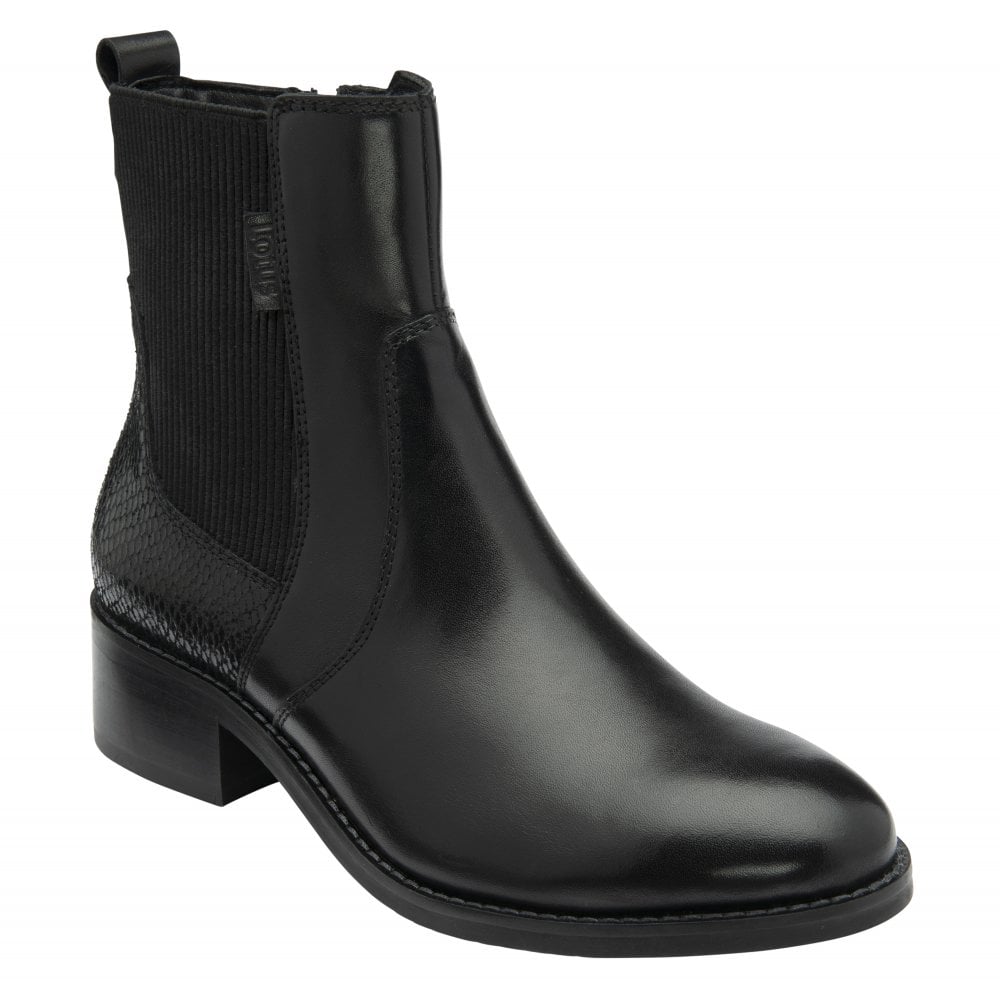Lotus Lindley Ladies black leather and textile ankle boot with side zip, block heel, and textured details.