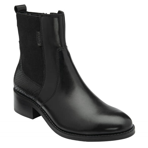 Lotus Lindley Ladies black leather and textile ankle boot with side zip, block heel, and textured details.
