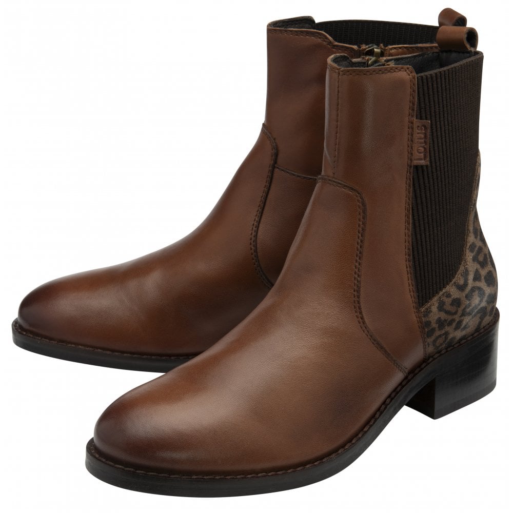 Lotus Lindley Ladies Tan Leather & Leopard Textile Side Zip Ankle Boots with Block Heel.
