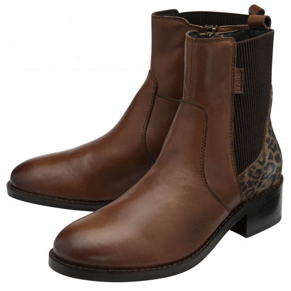 Lotus Lindley Ladies Tan Leather & Leopard Textile Side Zip Ankle Boots with Block Heel.