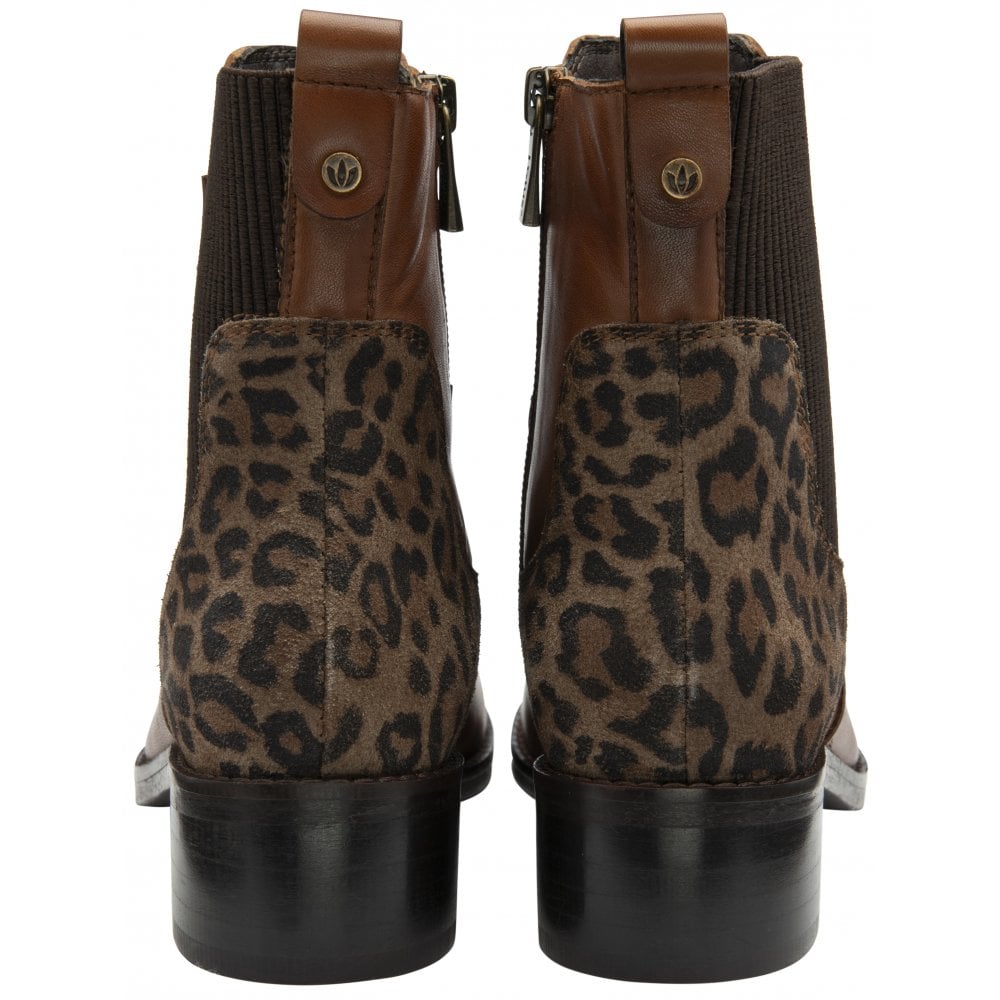 Lotus Lindley Ladies tan and leopard print leather and textile side zip ankle boots with chunky black heels.