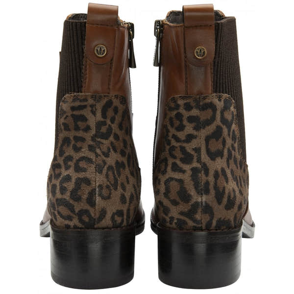 Lotus Lindley Ladies tan and leopard print leather and textile side zip ankle boots with chunky black heels.