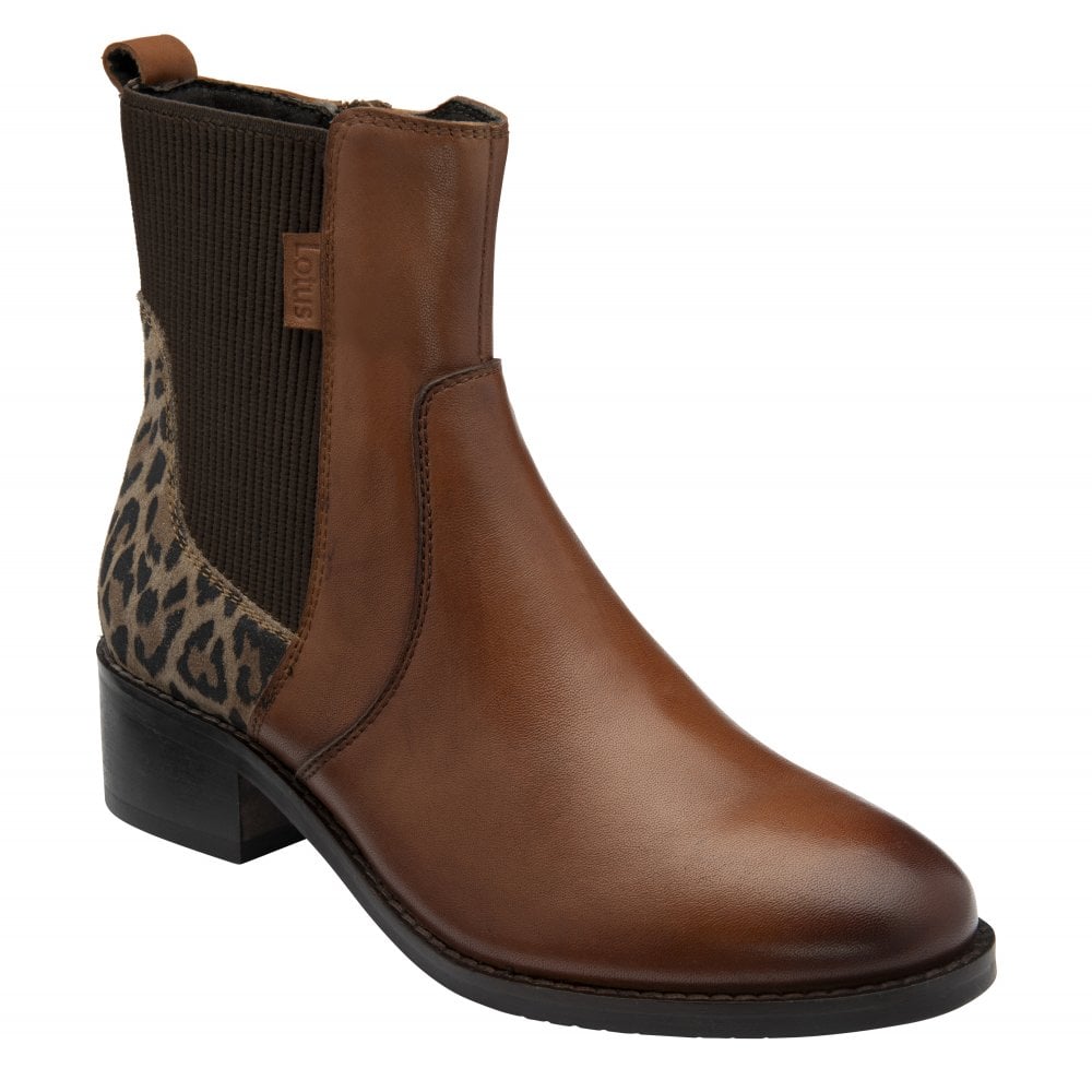 Lotus Lindley Ladies Tan/Leopard Leather & Textile Side Zip Ankle Boots, stylish with leather, leopard print panels, and side zipper.