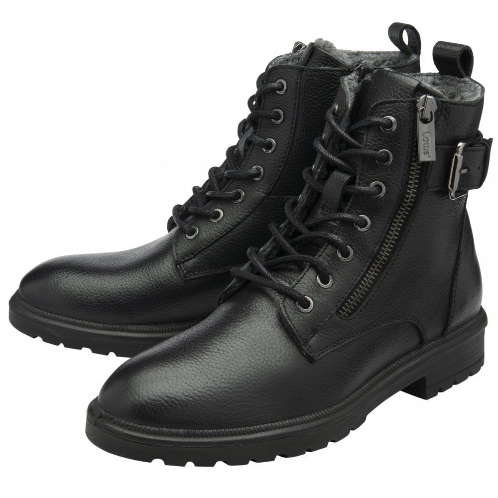 Lotus ULB481BB Perth women's black leather and textile ankle boots with zip and lace-up closure, featuring a side zipper and rugged outsole.