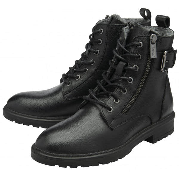 Lotus ULB481BB Perth women's black leather and textile ankle boots with zip and lace-up closure, featuring a side zipper and rugged outsole.