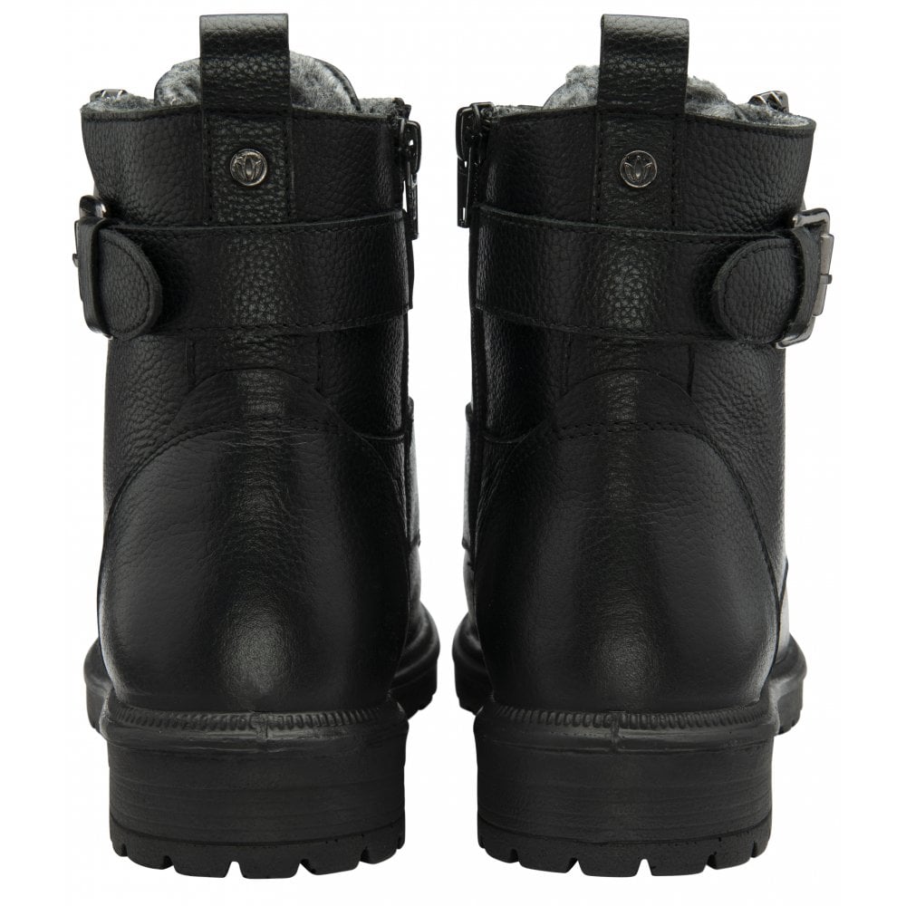 Lotus ULB481BB Perth women's black leather and textile ankle boots with lace-up fronts, zip closure, chunky heel, and buckle strap detail.