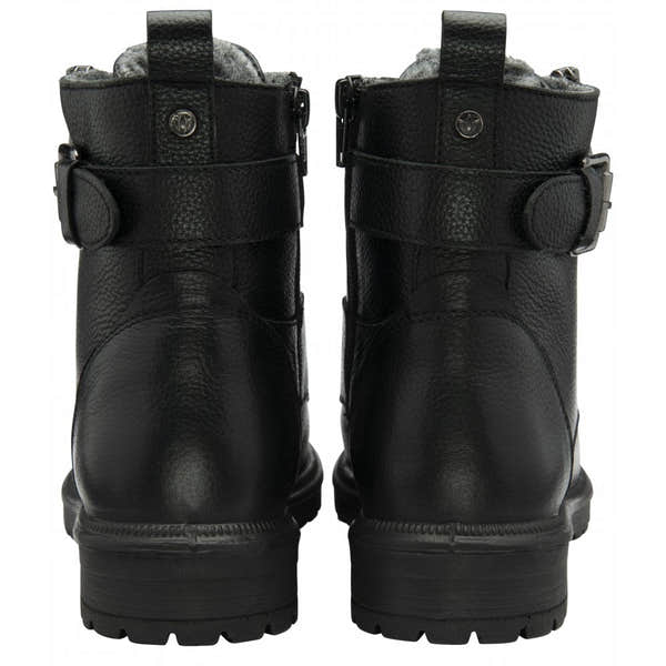 Lotus ULB481BB Perth women's black leather and textile ankle boots with lace-up fronts, zip closure, chunky heel, and buckle strap detail.