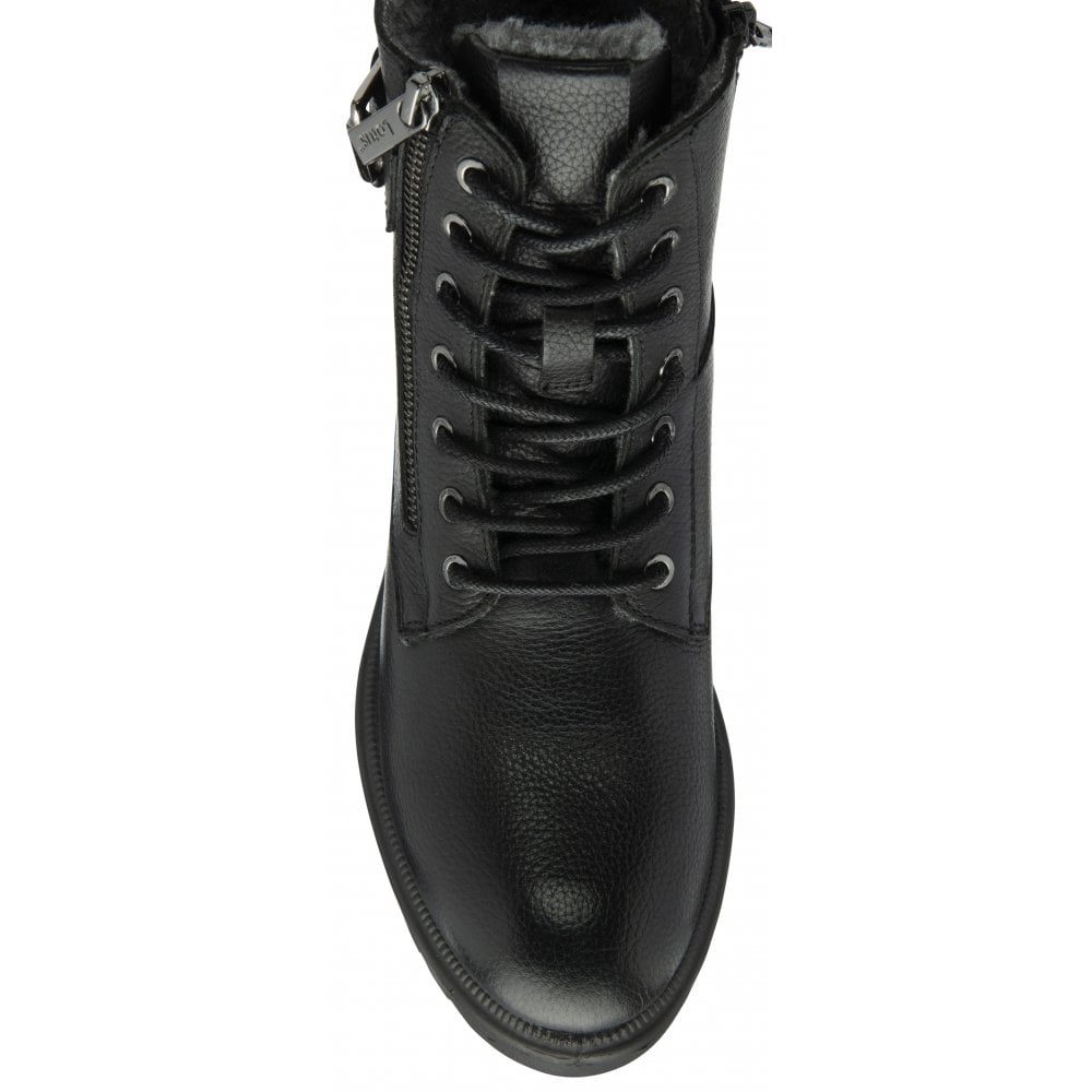 Lotus ULB481BB Perth women's black leather and textile ankle boots with zip and lace-up design.