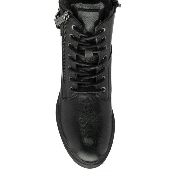 Lotus ULB481BB Perth women's black leather and textile ankle boots with zip and lace-up design.