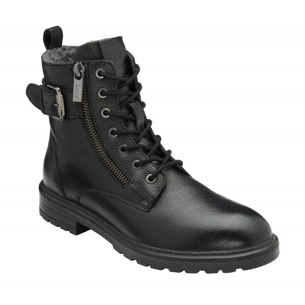 Lotus ULB481BB Perth Women's Black Leather and Textile Zip & Lace Ankle Boots with side zipper, lace-up front, and rugged sole.