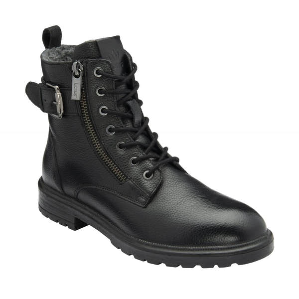 Lotus ULB481BB Perth Women's Black Leather and Textile Zip & Lace Ankle Boots with side zipper, lace-up front, and rugged sole.