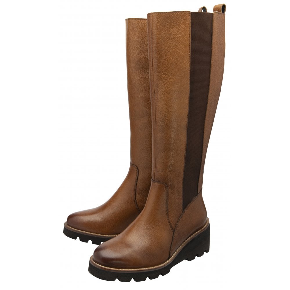 Lotus ULB483LT Wrenley ladies tan leather and textile knee-high boots with side zipper and chunky black lug sole.