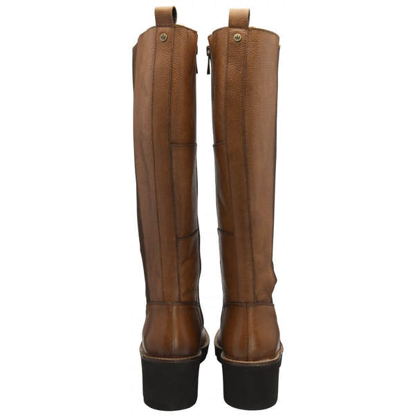 Lotus ULB483LT Wrenley Women's Tan Leather and Textile Knee-High Boots with Side Zipper and Chunky Black Platform Soles.