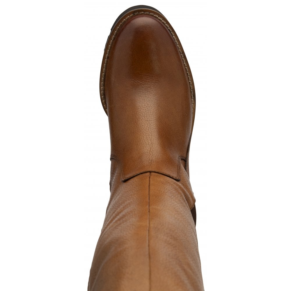 Lotus Wrenley Tan Leather & Textile Side Zip Knee-High Boots for Women, stylish with a rounded toe and low heel.