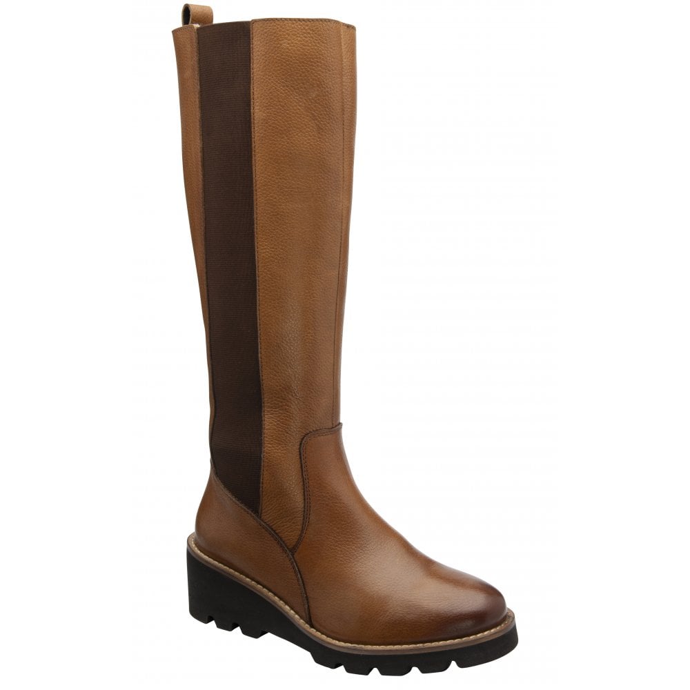Lotus Wrenley Ladies Tan Leather & Textile Side Zip Knee-High Boots with Chunky Black Sole.