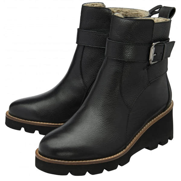 Lotus ULB485BB Emberlynn women's black leather ankle boots with side zip, buckle detail, and faux shearling lining.