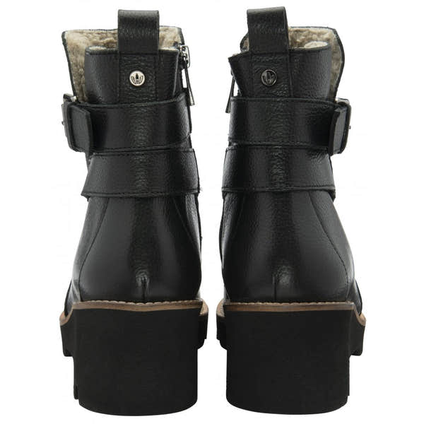 Lotus ULB485BB Emberlynn women's black leather ankle boots with side zippers and chunky heels.