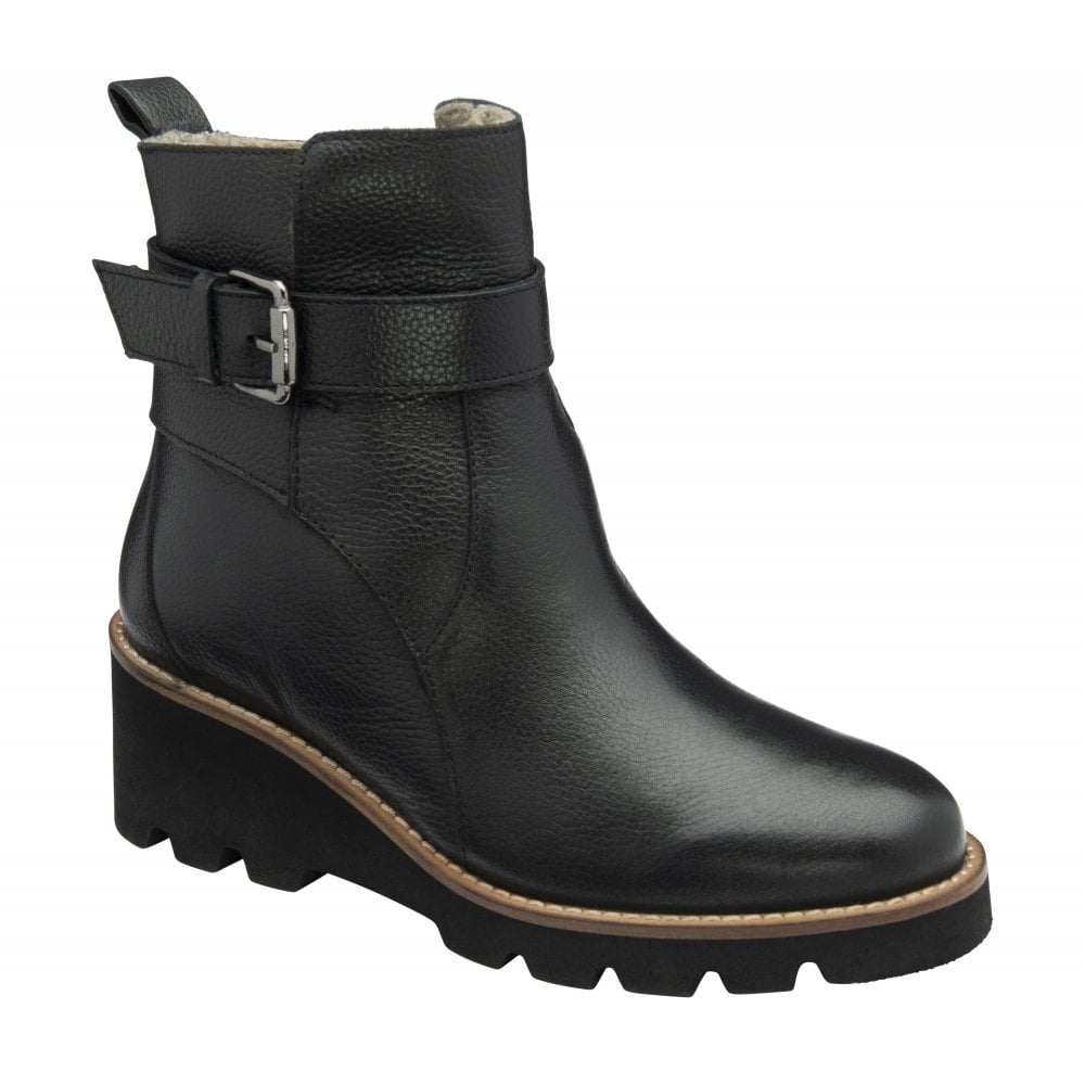 Lotus ULB485BB Emberlynn Ladies Black Leather Side Zip Ankle Boots with Wedge Heel and Buckle Detail.
