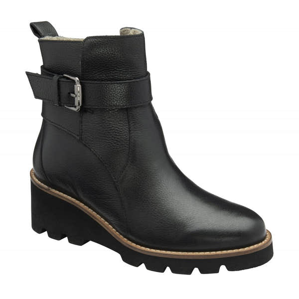 Lotus ULB485BB Emberlynn Ladies Black Leather Side Zip Ankle Boots with Wedge Heel and Buckle Detail.