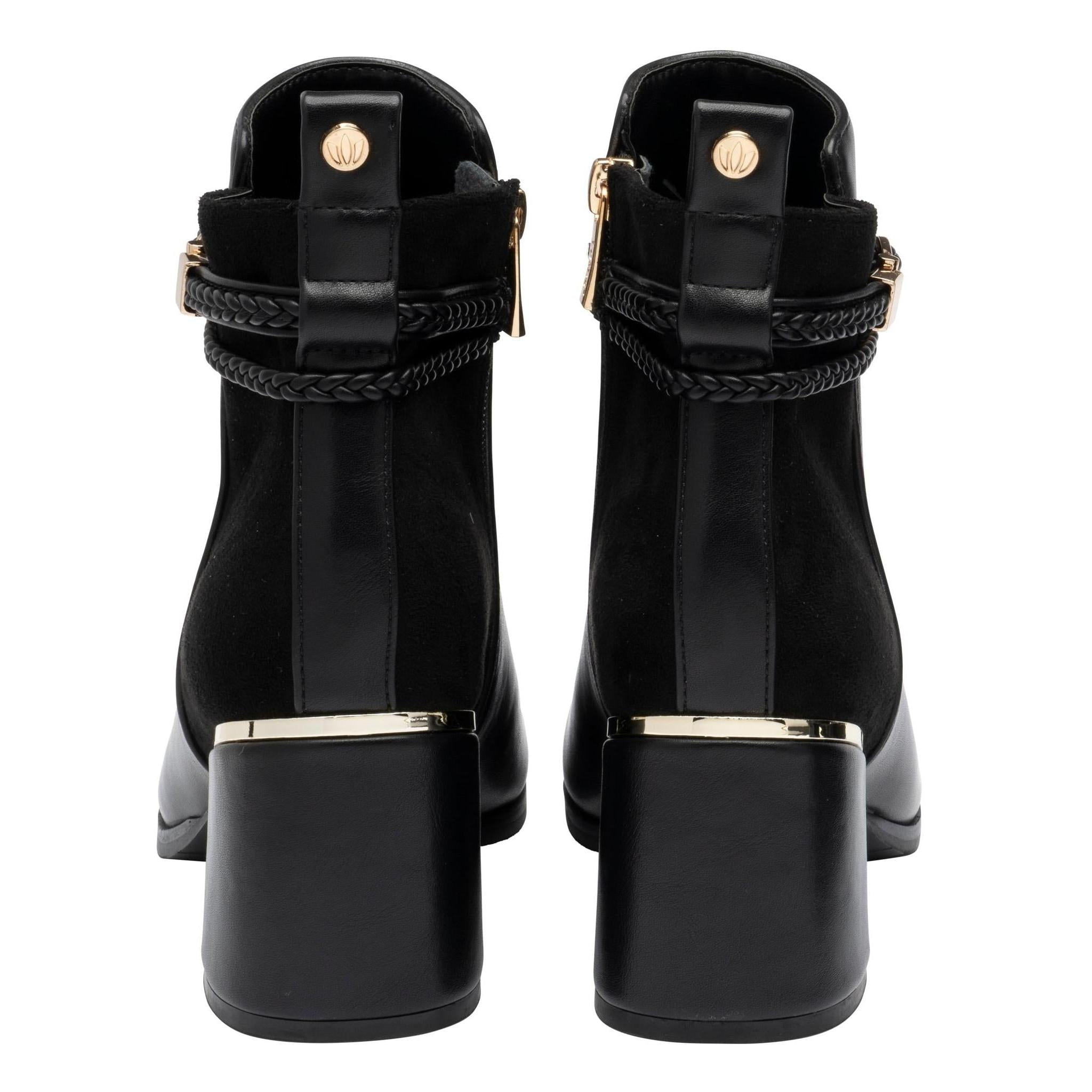 Lotus ULB529 Winona women's black combi buckle side zip heeled ankle boots, heel view.