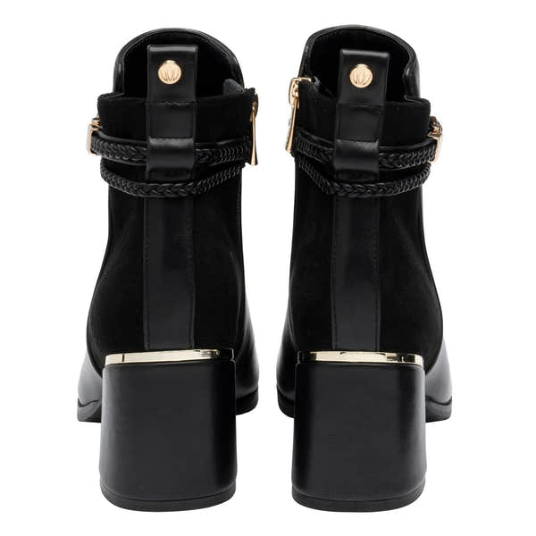 Lotus ULB529 Winona women's black combi buckle side zip heeled ankle boots, heel view.