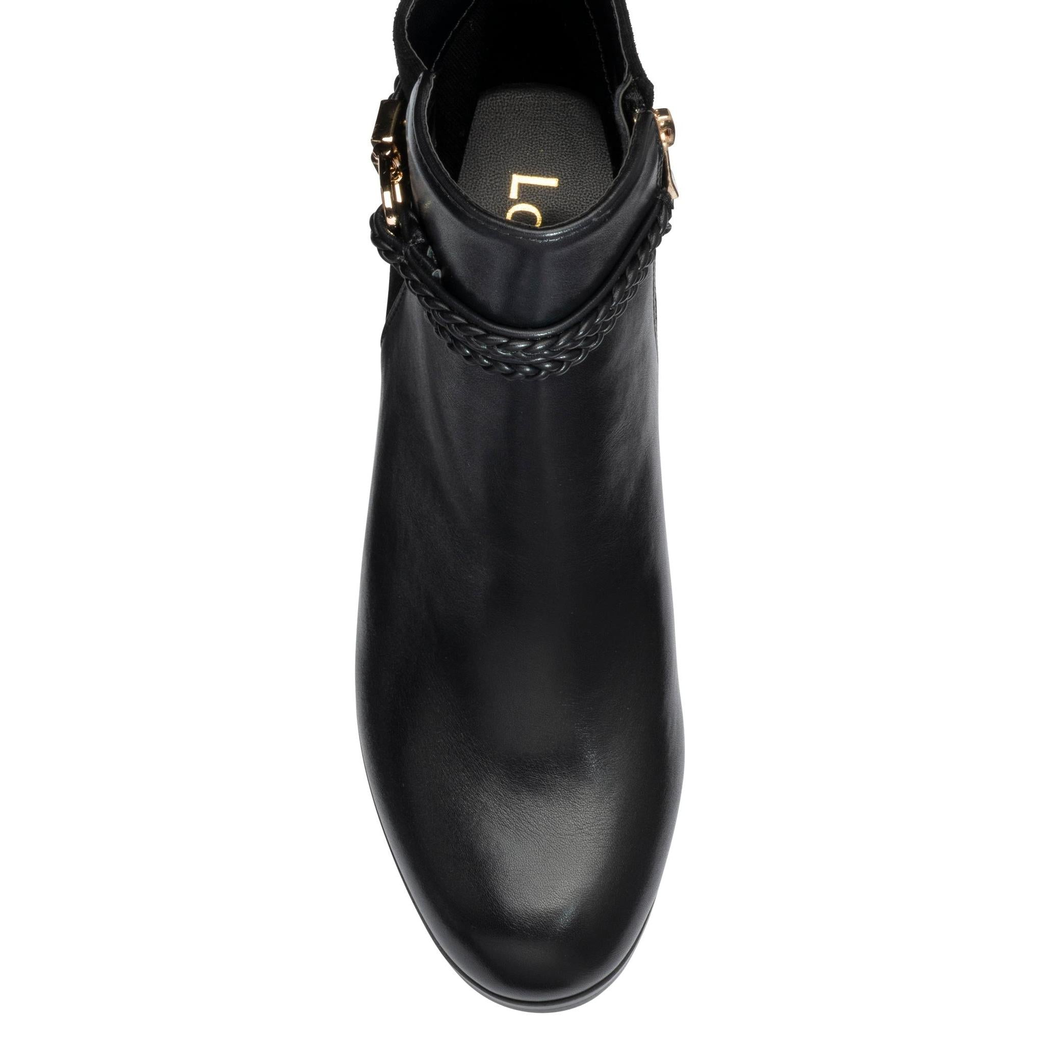 Lotus ULB529 Winona women's black combi buckle side zip heeled ankle boots, toe detail.