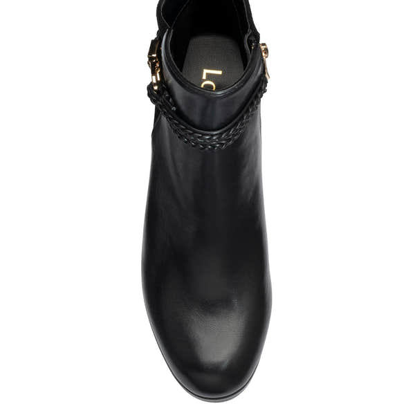 Lotus ULB529 Winona women's black combi buckle side zip heeled ankle boots, toe detail.