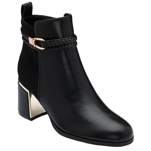 Lotus ULB529 Winona women's black combi buckle side zip heeled ankle boots, front three-quarter view.