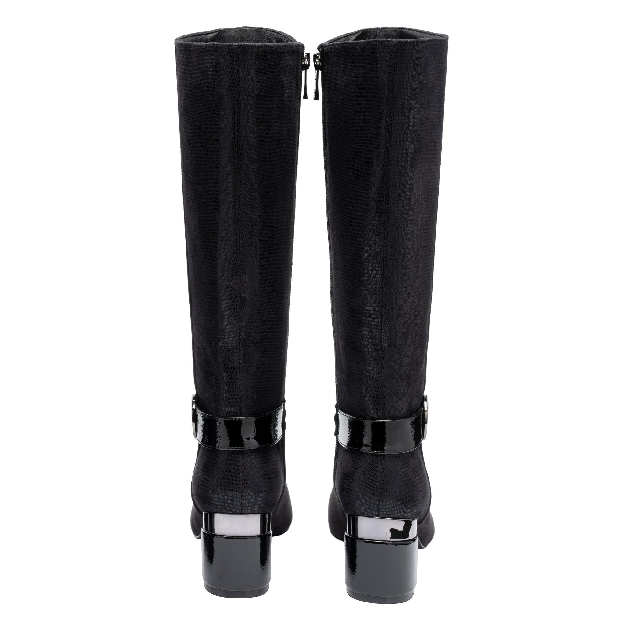 Lotus ULB540 Solia women's black combi side zip heeled knee high boots, heel view.