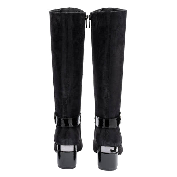 Lotus ULB540 Solia women's black combi side zip heeled knee high boots, heel view.