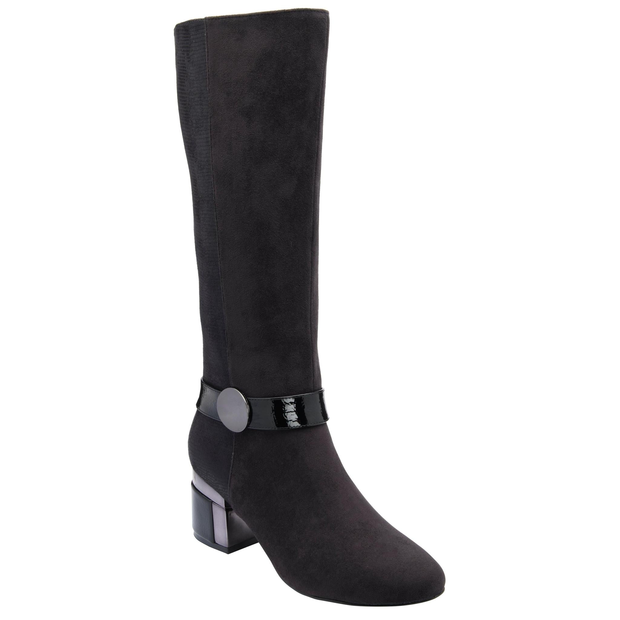 Lotus ULB540 Solia women's black combi side zip heeled knee high boots, front three-quarter view.