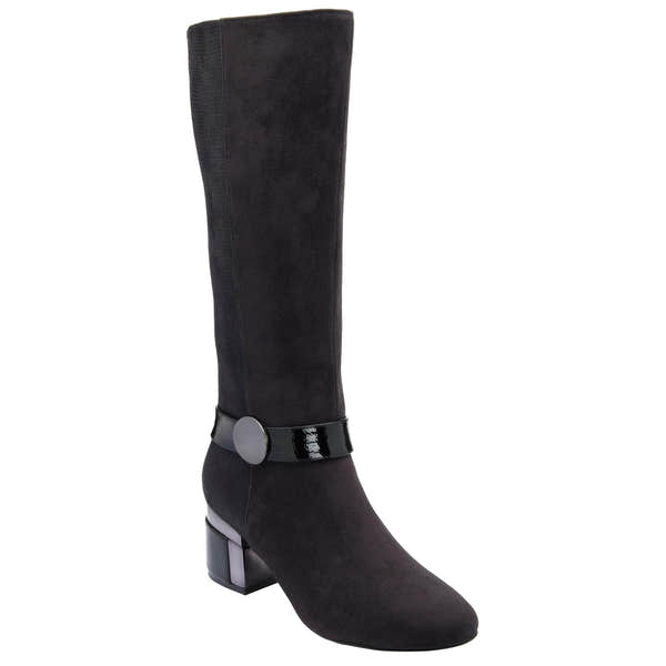 Lotus ULB540 Solia women's black combi side zip heeled knee high boots, front three-quarter view.