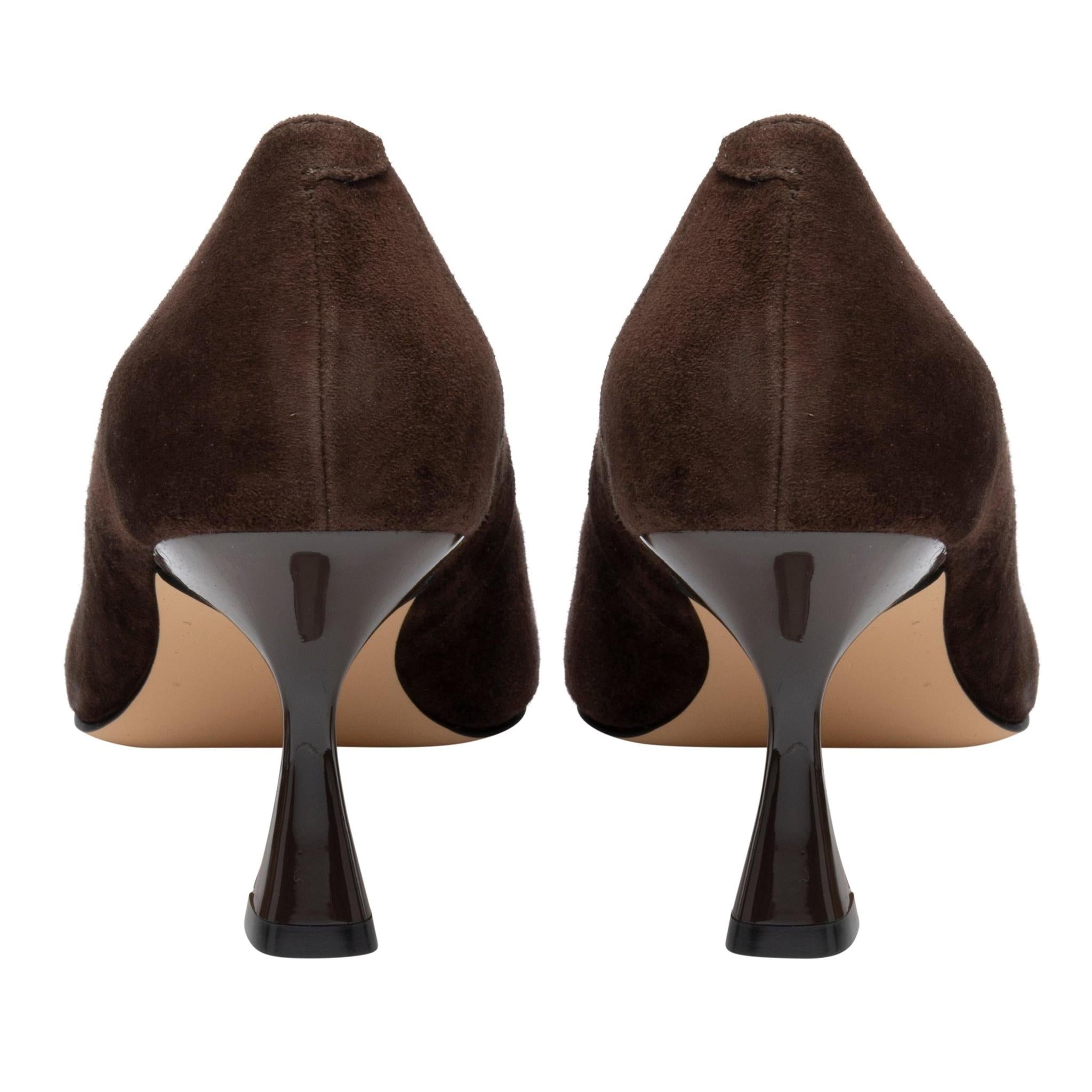 Lotus ULS600 Henley women's brown suede buckle court shoes, heel view.