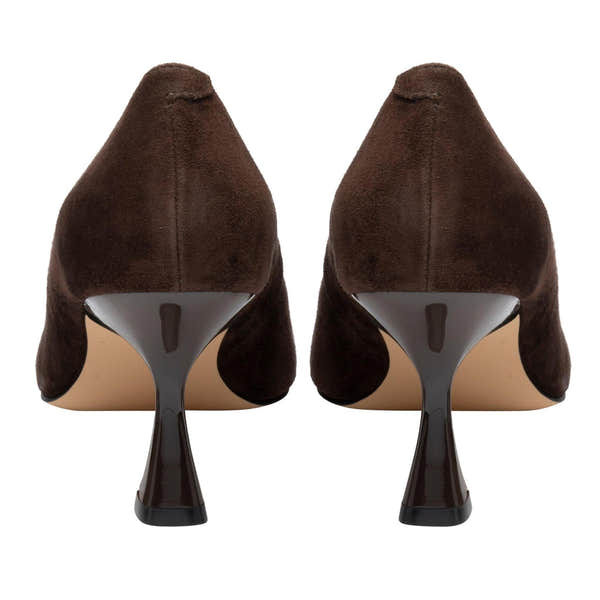 Lotus ULS600 Henley women's brown suede buckle court shoes, heel view.
