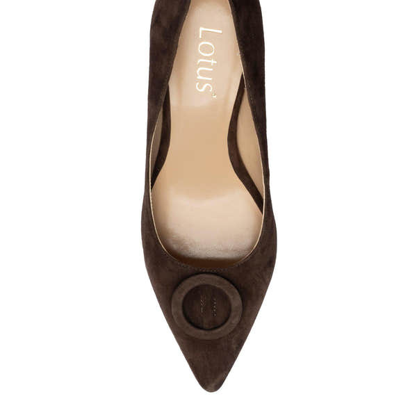 Lotus ULS600 Henley women's brown suede buckle court shoes, toe detail.