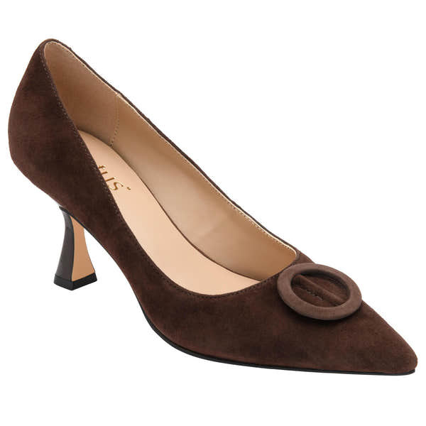 Lotus ULS600 Henley women's brown suede buckle court shoes, front three-quarter view.