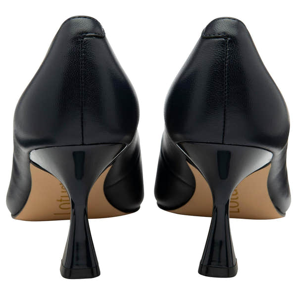 Lotus ULS600 Henley women's navy blue leather buckle court shoes, heel view.
