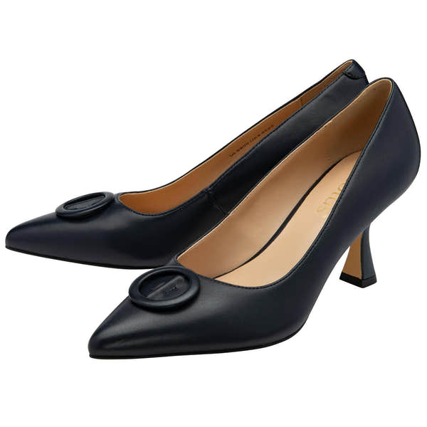 Lotus ULS600 Henley women's navy blue leather buckle court shoes, pair view.