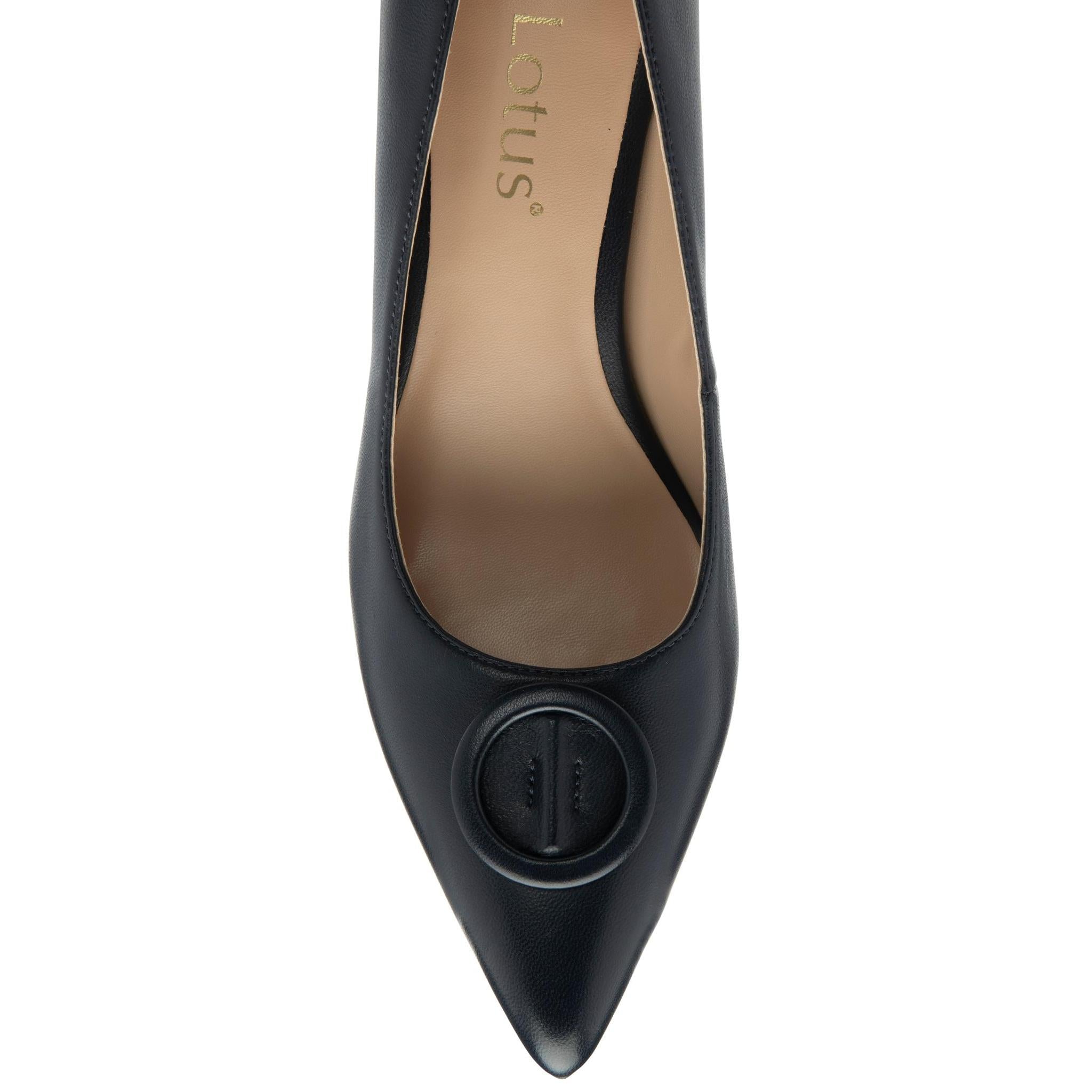 Lotus ULS600 Henley women's navy blue leather buckle court shoes, toe detail.