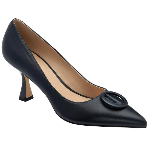 Lotus ULS600 Henley women's navy blue leather buckle court shoes, front three-quarter view.