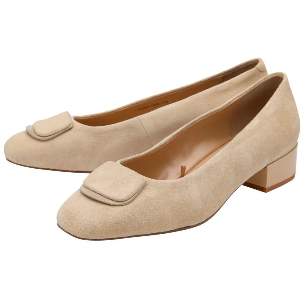 Lotus Valentina women's nude suede slip-on shoes with low block heel and decorative front bow.